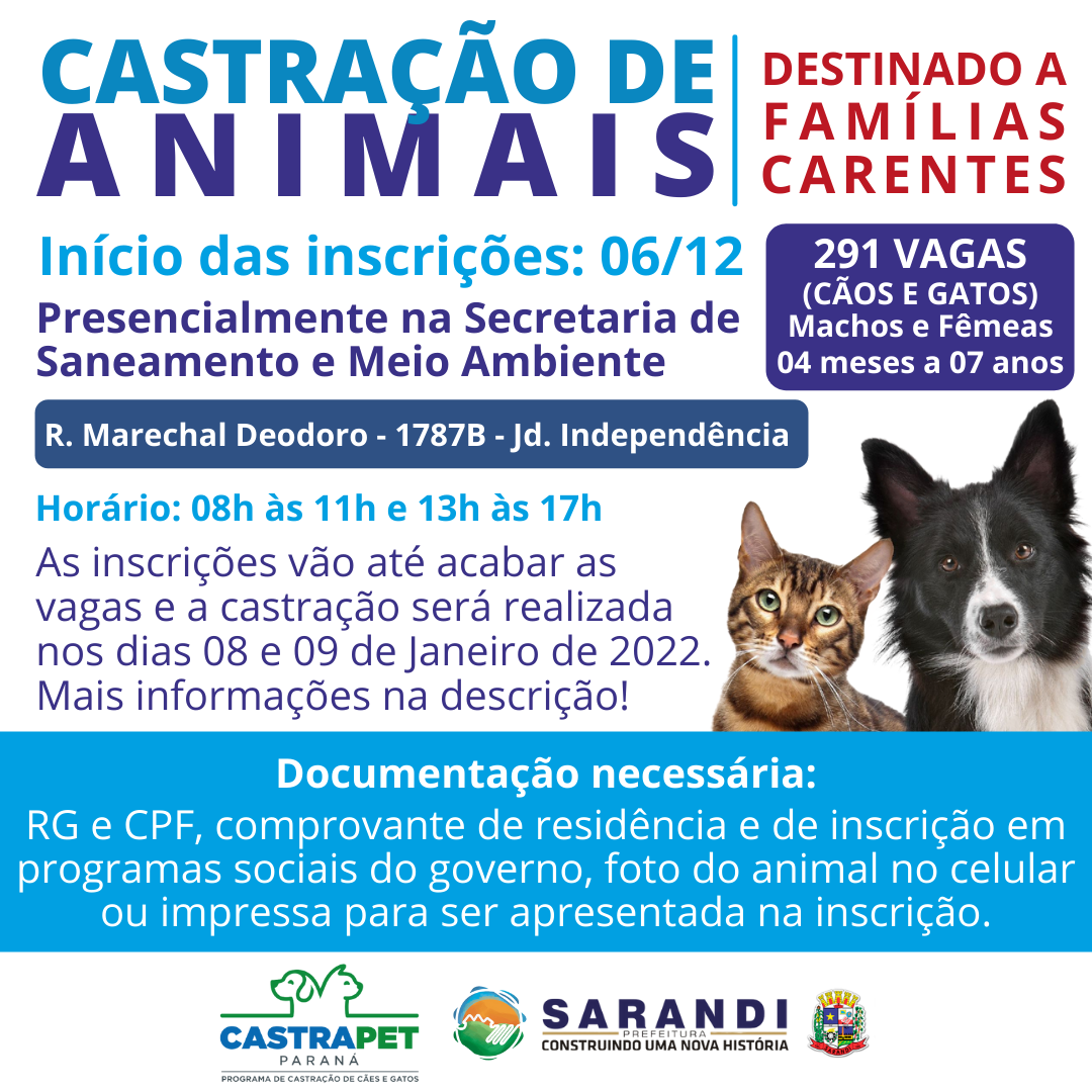 Inscrições abertas para a Castração de Animais destinado a famílias carentes de Sarandi